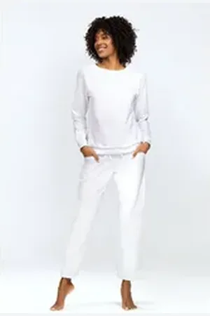 DKaren Freizeitanzug Damen Hausanzug Jogginganzug Baumwolle (2-tlg., Sweatshirt & Hose) weiß L-40