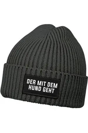 MoonWorks Strickmütze Herren Beanie mit Patch Strickmütze mit Spruch Der mit dem Hund geht grau