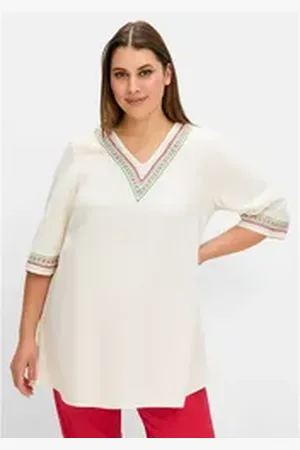 Sheego Longtunika Große Größen mit Stickereien, mit Leinenanteil beige 44