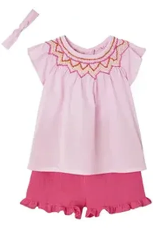 Vertbaudet Hemd & Hose Mädchen Baby-Set: Bluse, Shorts & Haarband rosa 92/98