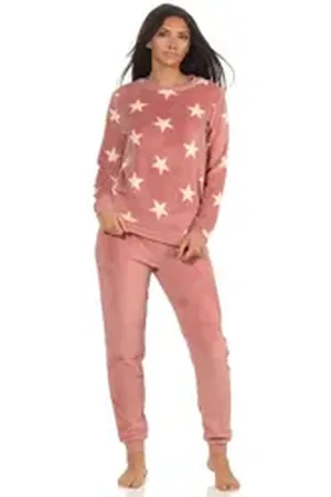 Normann Pyjama Damen Pyjama langarm mit Bündchen aus Coral Fleece in Sterne Optik rosa 44/46