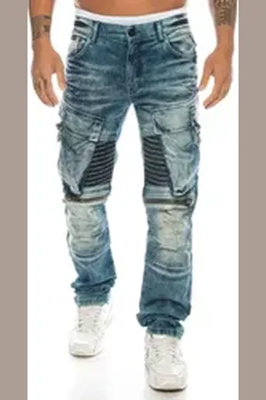 Cipo & Baxx Regular-fit-Jeans Herren Jeans Hose mit aufwendigen Details im Cargo Style Aufwendiges Design mit Nahtverzierungen und vielen Details blau 38