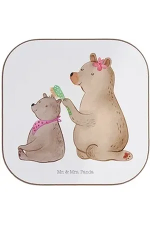 Mr. & Mrs. Panda Getränkeuntersetzer Bär Kind - Weiß - Geschenk, Muttertag, Haare kämmen, Tassen Untersetz, 1-tlg., Kreatives Design weiß