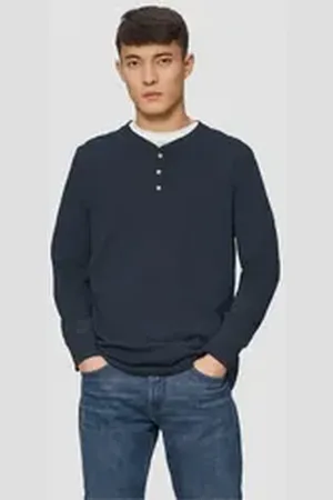 QS by s.Oliver Langarmshirt Langarmshirt mit Henleyausschnitt und Ärmel-Bündchen Logo blau 3XL
