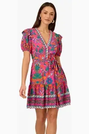 Adrianna Papell Sommerkleid Printed Short Flounce Dress Abendessen, tagsüber, Urlaub, Sommer, Anlass rosa 40