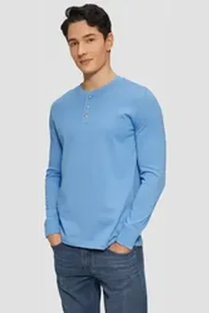QS by s.Oliver Langarmshirt Langarmshirt mit Henleyausschnitt und Ärmel-Bündchen Logo blau L