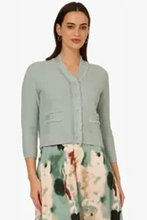 Adrianna Papell Strickjacke Knit Frayed Waffle Crop Cardigan Sweater Casual, Basic, Dinner, Work grün S
