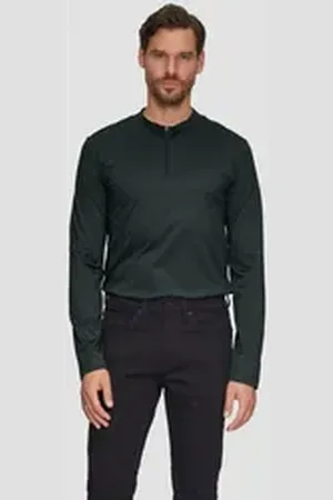 QS by s.Oliver BLACK LABEL Langarmshirt Langarmshirt mit Reißverschluss aus mercerisierter Baumwolle Rollsaumblende grün XL