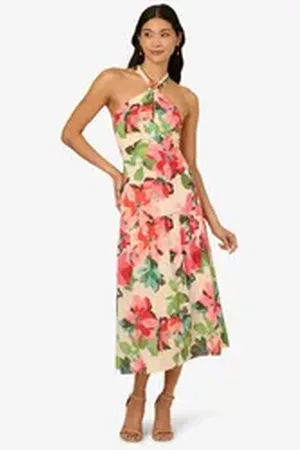 Adrianna Papell Midikleid Halter Flounce Midi Dress Brunch, Abendessen, Hochzeit, Anlass bunt 42