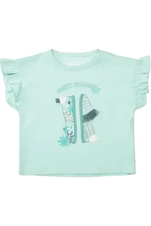 Staccato T-Shirt T-Shirt mit Print Rüschenärmel blau 104/110