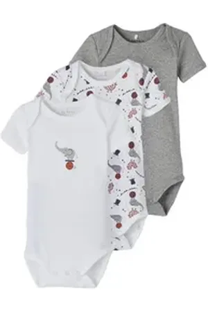 NAME IT Kurzarmbody Unisex Baby Kurzarm-Body-Set Elefant (Packung, 3-tlg., 3er-Pack) mit Druckknöpfen im Schritt grau 74