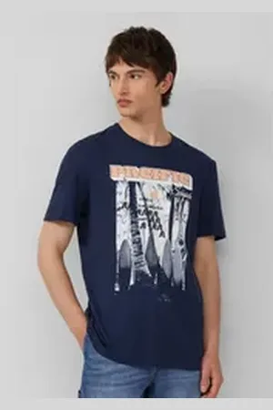 QS by s.Oliver Shirttop Baumwoll-T-Shirt mit Frontprint und Flammgarnstruktur blau 3XL