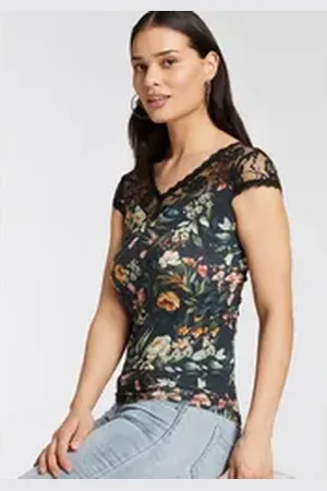 Laura Scott Spitzenshirt mit Spitzeneinsatz schwarz 36
