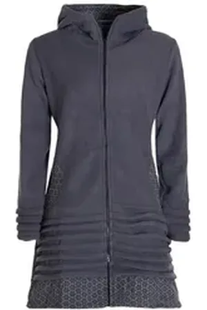 Vishes Kurzmantel Lange Fleecejacke Hippiemantel Übergangsjacke Zipfelkapuze Goa Style, Microfleece grau 36