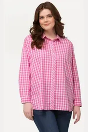 Ulla Popken Trachtenbluse Hemdbluse Karo Hemdkragen Langarm Krempelriegel rosa 42/44