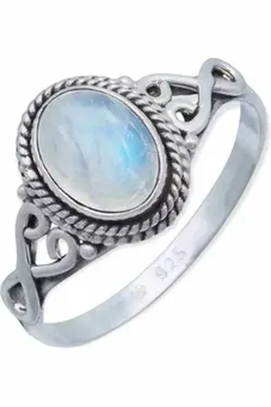 mantraroma Silberring BAGHIMI oval aus 925 Silber mit Regenbogen Mondstein (Ring mit Schmuckbeutel), Damenring aus 925er Silber weiß 64