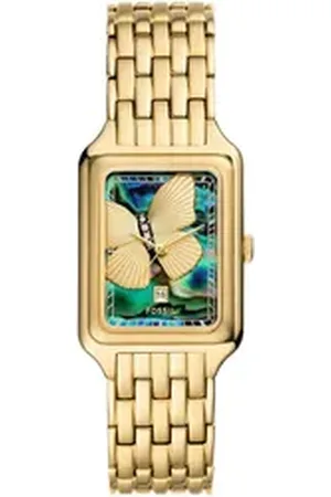 Fossil Quarzuhr RAQUEL ES5409, Armbanduhr, Damenuhr, Edelstahlarmband, analog, Tag, Glassteine goldfarben