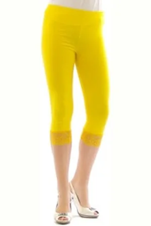 Yeset Caprihose Capri 3/4 Leggings Spitze Baumwolle Damen GELB L gelb L