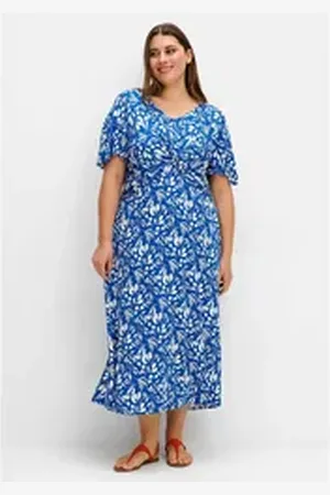 Sheego Sommerkleid Große Größen mit Knotendetail in der Taille blau 56