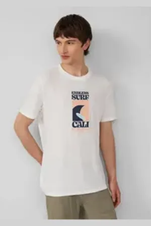 QS by s.Oliver Shirttop Baumwoll-T-Shirt mit Frontprint und Flammgarnstruktur weiß XL