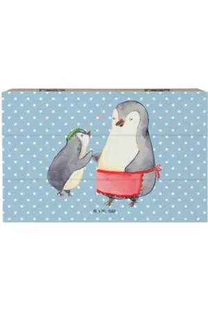 Mr. & Mrs. Panda Dekokiste Pinguin mit Kind 19 x 12 cm - Blau Pastell - Geschenk, Muttertag, Geb (1 St), Praktische Scharniere blau 19 cm x 12 cm x 10 cm