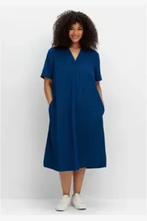 Sheego Sommerkleid Große Größen mit Polokragen, in Längsstruktur blau 42