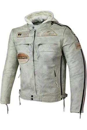 ALPHA Motorradjacke Herren Leder Jacke Biker Freizeit Highway Jacke Weiß (Trennbare Innenjacke + Kapuze) aus weichem Lammleder, mit herausnehmbare Protektoren XL