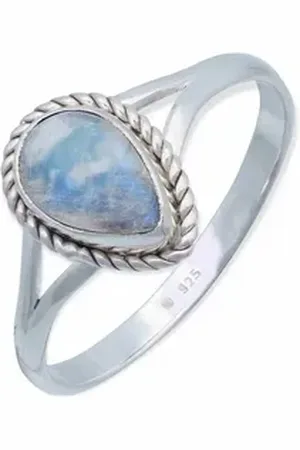 mantraroma Silberring NILA Tropfen aus 925 Silber mit Regenbogen Mondstein (Ring mit Schmuckbeutel), Damenring aus 925er Silber weiß 60