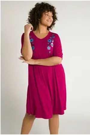 Ulla Popken Jerseykleid Bellieva-Kleid Jersey V-Ausschnitt Halbarm Schwangerschaft lila|rot 50/52