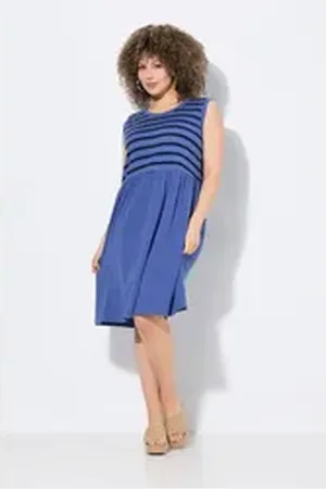 Ulla Popken Jerseykleid Kleid Rippjersey A-Linie Rundhals ärmellos blau|grün 46/48