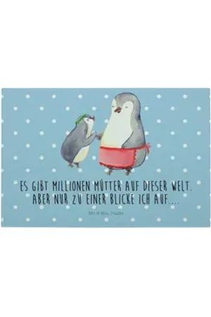 Mr. & Mrs. Panda Servierbrett Pinguin mit Kind - Blau Pastell - Geschenk, Papa, Familie, Schwester, Premium Glas, (1-St), Handgefertigte Gravuren blau 28.4 cm x 28.4 cm x 20 cm