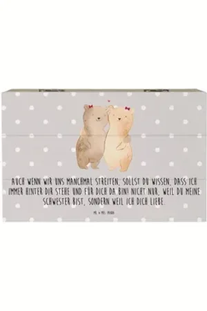 Mr. & Mrs. Panda Dekokiste Bären Schwestern 19 x 12 cm - Grau Pastell - Geschenk, Schatulle, Bru (1 St), Praktische Scharniere grau 19 cm x 12 cm x 10 cm