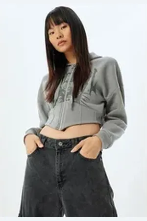 Koton Kapuzensweatshirt Mit Kapuze-Vollreißverschluss Mit Korsett Detail grau XS
