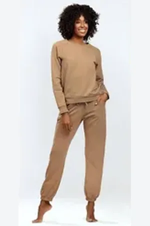 DKaren Freizeitanzug Damen Hausanzug Jogginganzug Baumwolle (2-tlg., Sweatshirt & Hose) braun XS-34