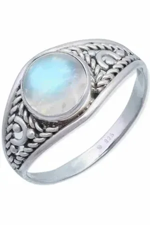 mantraroma Silberring DAHAB rund aus 925 Silber mit Regenbogen Mondstein (Ring mit Schmuckbeutel), Damenring aus 925er Silber weiß 58