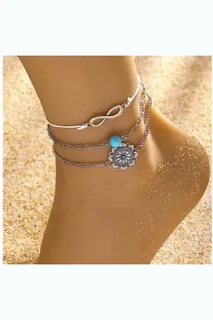 Karma Fußketten Set Boho Strand Fußschmuck mit Unendlichkeit Symbol (Fußschmuck Fußkette Bohemian Stil, Knöchelkette verstellbar, Mandala), Türkis Sommer Fußkette Schmuck silberfarben