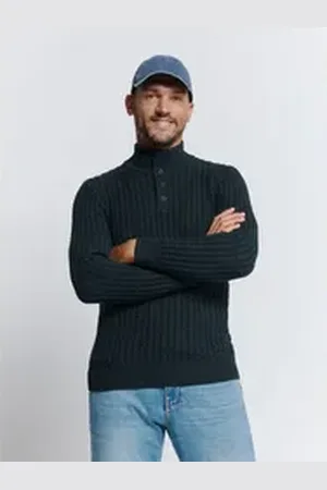 No Excess Rollkragenpullover Jacquard-Pullover mit Halbknopfleiste blau M