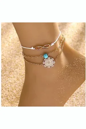 Karma Fußketten Set Boho Strand Fußschmuck mit Unendlichkeit Symbol (Fußschmuck Fußkette Bohemian Stil, Knöchelkette verstellbar, Mandala), Türkis Sommer Fußkette Schmuck goldfarben