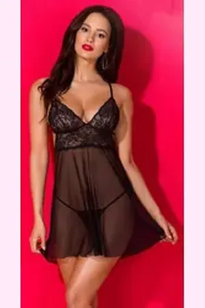 Avanua Negligé inkl. String, chemise Nachtwäsche Spitze schwarz L/XL