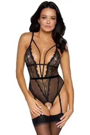 Cottelli Collection Body Spitzen-Body transparent mit Perlen im Schritt - schwarz (1-tlg) Extra tiefes Stretchband-Dekolleté schwarz M