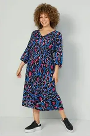 Miamoda Maxikleid Midikleid farbiger Druck V-Ausschnitt 3/4-Ärmel grau|schwarz 58