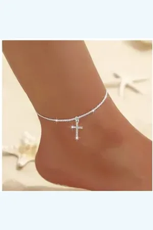 Karma Fußkette mit Anhänger Damen Kreuz Anhänger Strass Kristalle verstellbar (Silberfarben Geschenk für Frauen, 22+6 cm, Strass, Kristalle), Sommer Schmuck Fußschmuck silberfarben