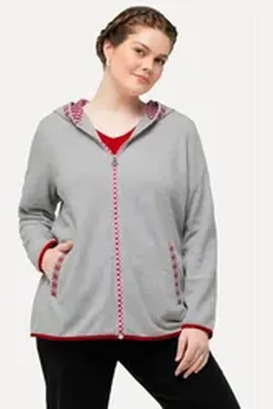 Ulla Popken Sweatjacke Trachten-Fleecejacke Kapuze Zierstickerei Langarm grau 46/48