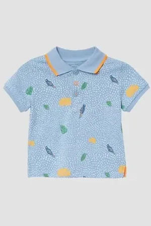 QS by s.Oliver Kurzarmshirt Poloshirt aus Baumwolle mit All-over-Print blau 86