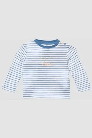 QS by s.Oliver Langarmshirt Gestreiftes Unisex Longsleeve mit Frontprint Artwork blau 86