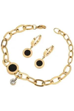 Karma Schmuckset Damen Edelstahl vergoldet Armband 15+5 cm (Damenschmuck, Ohrringe 3 cm mit schwarzem Medaillon), eleganter Schmuck für Frauen Geschenk Set goldfarben goldfarben