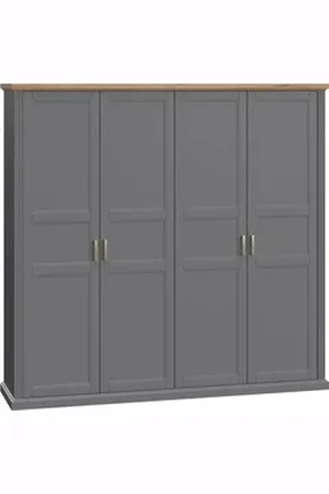 Home Affaire Kleiderschrank Tara, wahlweise 4 Breiten, hoher Schrank 227cm, soft-close-Funktion (Landhausstil mit Kranzprofil und Kasettenoptik, Innen Holzdekor) lackiert mit hochwertigen wasserbasiertem UV-Lack, FSC-zertifiziert grau 236 cm x 227 cm x
