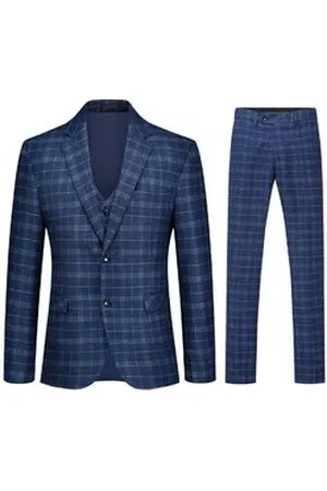 Allthemen Anzug (3 tlg, Anzug Set) karierter Herrenanzug mit einem Knopf blau 56