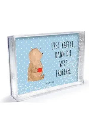 Mr. & Mrs. Panda Bilderrahmen Bär Kaffee - Blau Pastell - Geschenk, Motivation, Welt retten, Teddyb, (1 St), Besondere Schnee-Füllung blau