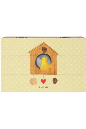 Mr. & Mrs. Panda Dekokiste Vogel Haus 19 x 12 cm - Gelb Pastell - Geschenk, XXL, Home sweet home (1 St), Schöne Designs gelb 19 cm x 12 cm x 10 cm
